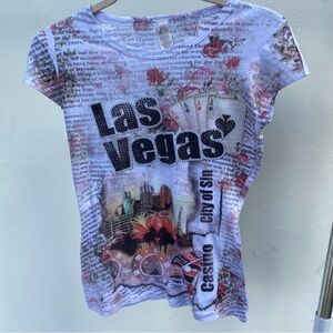 Y2K White Multicolor Las Vegas Graphic Rhinestone Baby Tee Size Small S